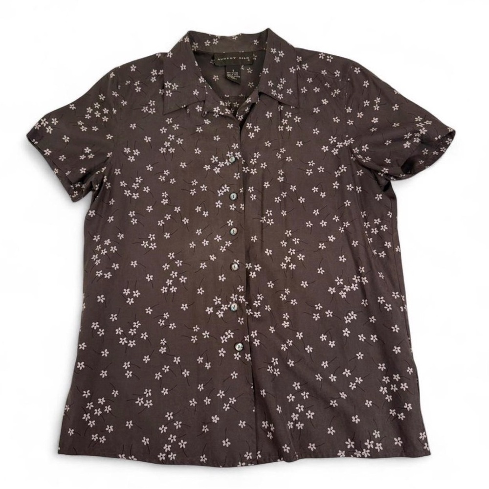 August Silk Black Button Floral Shirt Size Small 100% Silk
